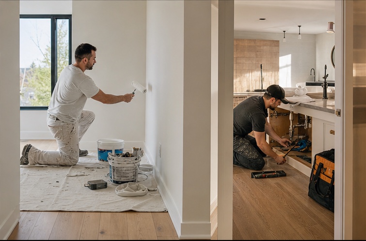 Painter and plumbing technician working inside a bright home