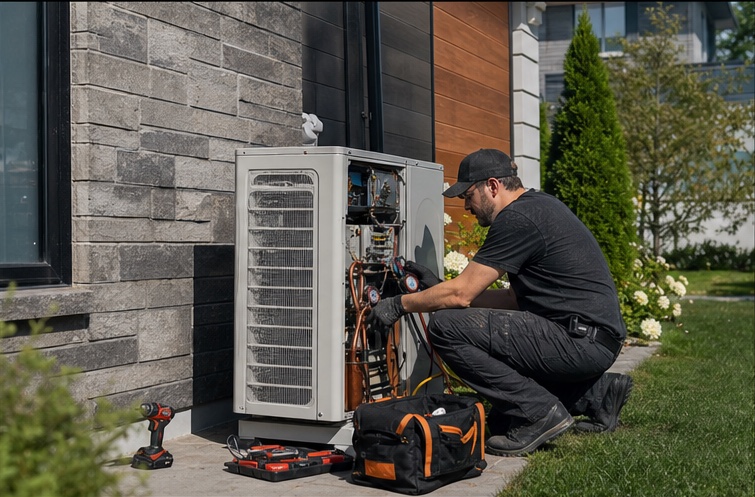 HVAC technician working on a residential service call